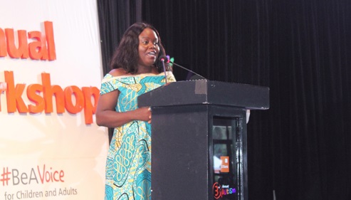 Dr Yvonne Nana Ama Brew (left), Neurodevelopment Paediatrician, Greater Accra Regional Hospital, delivering her speech while Thomas John (2nd from right), MD, GT Bank, and Dr Hafez Adam Taher, Ag. Director, Technical Coordination, Ministry of Health, listen attentively. Pictures: ERNEST KODZI