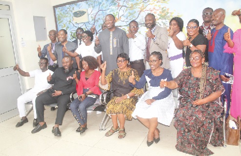 Dr Opoku Ware Ampomah (4th from left), Chief Executive Officer, Korle Bu Teaching Hospital, and some beneficiaries of the ‘Thank You Korle Bu Series’ and staff at the launch.  Picture: ESTHER ADJORKOR ADJEI