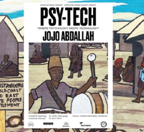 Jojo Abdallah’s paintings of global Ghanaian history mix colonial and independence regimes, and modern, contemporary, and ancestral times. PSY-TECH poster design by dopo.ism (Douglas Opoku).  Picture: Compound House Gallery