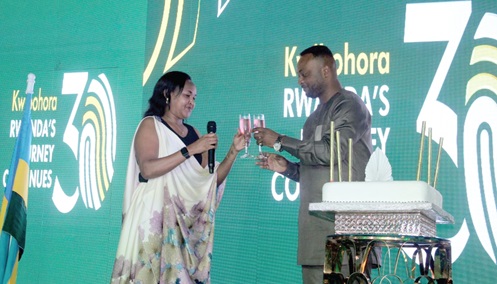 Rosemary Mbabazi (left), Rwandan High Commissioner to Ghana, and Vincent Ekow Assafuah, Deputy Minister of Local Government, Decentralisation and Rural Development, proposing a toast