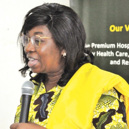 Evelyn Sunnu (inset), Paediatric Nurse Specialist at the UHAS, addressing some staff of HTH at the launch