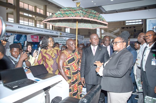 Emma Morrison (right), Regional Manager, Corporate Affairs and Stakeholder Engagement, Gold Fields, briefing Samuel Jinapor (2nd from right), Minister of Lands  and Natural Resources; Nana Kusi Okyere Ntrama (middle), Asanteman Benkumhene  and representative of the Asantehene; Barbara Oteng Gyasi (left), Board Chair, Minerals Commission, and other dignitaries at the event. Picture: DOUGLAS ANANE-FRIMPONG 
