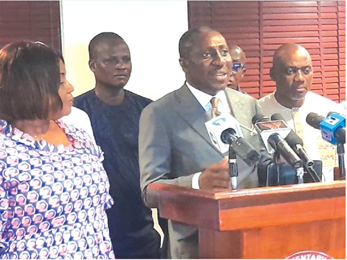 Mr Afenyo-Markin (middle), the Majority Leader, addressing the press