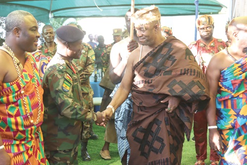 Major General Bismarck Kwasi Onwona (2nd from left), Chief of Army Staff, welcoming King Tackie Teiko Tsuru II (right), Ga Mantse, to the army headquarters during his visit. Picture: ELVIS NII NOI DOWUONA 