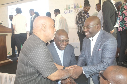 Charles Abani (left), UN Resident Coordinator, exchanging pleasantries with Martin Adjei-Mensah Korsah (right), Minister for Local Government, Decentralisation and Rural Development, during the Ghana Urban Forum. With them is Osei Bonsu Amoah (middle), Minister of State, Local Govenment Ministry.  Picture: ESTHER ADJORKOR ADJEI
