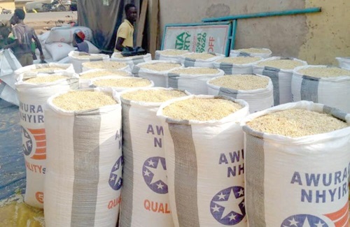 Bagged maize for sale at the Maame Krobo Market