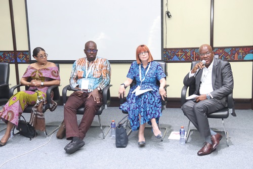 George Anyema (right), Senior Manager, Security, AngloGold Ashanti Iduapriem Mine, explaining a point during a panel discussion. With him are Bernice Owen-Jones (2nd from right),  Australian High Commissioner to Ghana; Adama Soro (2nd from left), President, ECOWAS Federation of Chambers of Mines, and Angela List (left), Second Vice-President of the Chamber of Mines.  Picture: ELVIS NII NOI DOWUONA