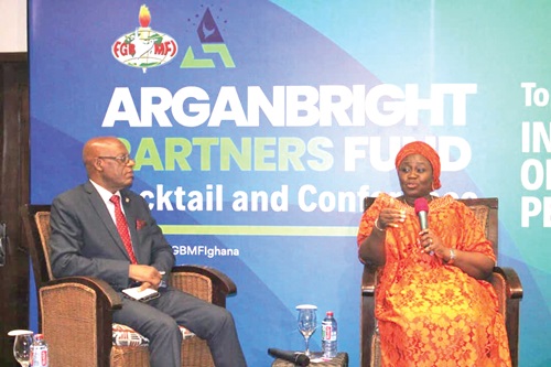 Justice Gertrude Sackey Torkornoo (right), Chief Justice, and Emmanuel Baba Mahama (left), National President, Full Gospel Business Men's Fellowship International, seated during a question and answer session