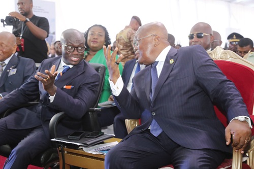President Akufo-Addo interacting with Godfred Yeboah Dame (left), Attorney-General and Minister of Justice, after the inauguration of the Law House in Accra.  Picture: SAMUEL TEI ADANO