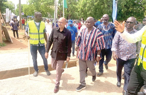 Ichard Razaaly (2nd from left), the EU Ambassador to Ghana, in the company of Francis Asenso-Boakye (right), the Minister of Roads and Highways, and other dignitaries inspecting some of the projects