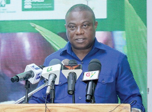 John Allotey (inset), CEO, Forestry Commission, addressing the press conference on the overview of the 2024 Green Ghana Day. Picture: ERNEST KODZI