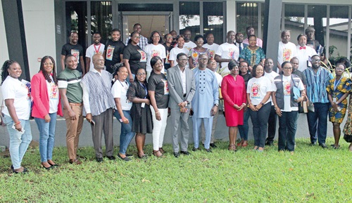  Dr Shirley Owusu-Ofori (4th from right), CEO, National Blood Service, with Dr Angela Ackom (3rd from right), Tech Officer, WHO, Dr Abigail Nyarko Kodjoe Derkyi-Kwarteng (5th from right), acting Director of Claims, NHIA, and other dignitaries and participants after the event. Picture: ERNEST KODZI