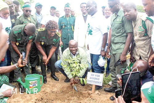 Samuel Abu Jinapor (middle), Minister of Lands and Natural Resources, planting a tree at the launch of the Green Damongo project. With him are some dignitaries