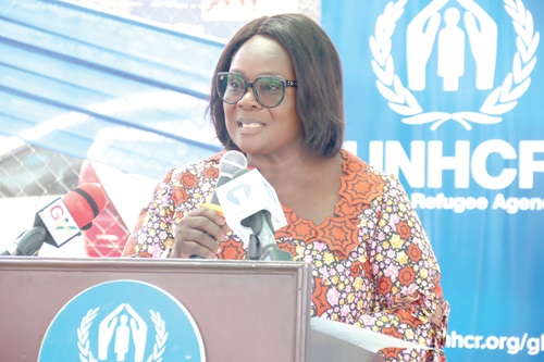 Naana Eyiah (right), Deputy Minister for the Interior, speaking at the 2024 World Refugee Day celebration in Accra. Picture: ELVIS NII NOI DOWUONA 