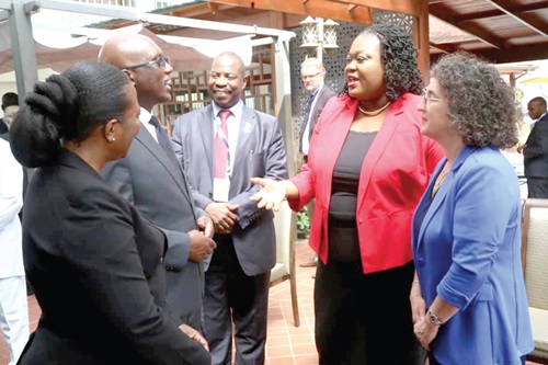 Diana Asonaba Dapaah (2nd from right), Deputy Attorney-General and Minister of Justice, interacting with Bemanya Twebazeing (2nd from left), Director-General, Africa Regional Intellectual Property Organisation. With them are Grace Issahaque (left), Registrar-General, Ministry of Justice, and Yolanda Huerta (right), Vice Secretary-General, International Union for the Protection of new varieties of plants. Picture: SAMUEL TEI ADANO