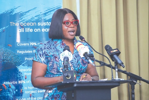 Ophelia Mensah Hayford (inset), Minister of Environment, Science, Technology and Innovation, addressing the World Ocean Day celebration in Accra. Picture: ELVIS NII NOI DOWUONA