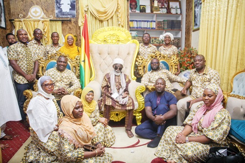 Emmanuel Odartey Lamptey (seated left), Deputy Managing Director, GCB Bank PLC; Sina Kamagate (right), Executive Head of Retail Banking, GCB Bank PLC, with Sheikh Osmanu Nuhu Sharubutu (middle), National Chief Imam, and some staff of the bank. Picture: CALEB VANDERPUYE