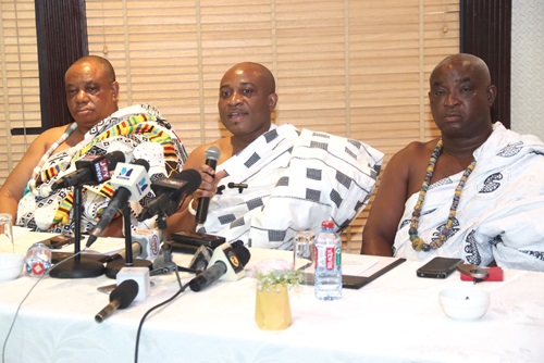 Nii Adjei Kofeh IV (middle), La Shikitele, addressing the press conference. With him are Miyemliniaba Ajei Asua, Agbawe Mantse and Nii Obodai Adai IV, La Mankralo. Picture: ELVIS NII NOI DOWUONA