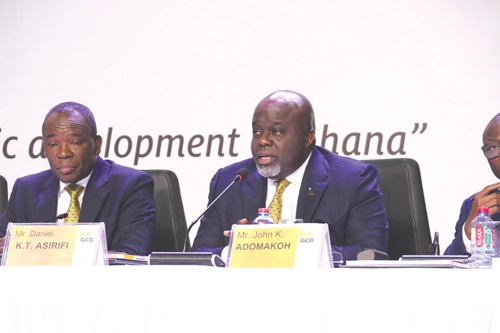  Kofi Adomakoh- MD, GCB Bank, speaking at the AGM. With him is Daniel Kwaku Tweneboah- Board Chair, GCB Bank