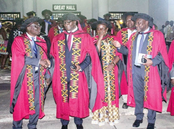 Prof. Felix Ankomah Asante (left), Pro-Vice-Chancellor, Research, Innovation &amp; Development, UG, congratulating  Prof. Daniel Frimpong Ofori (2nd from left), Provost, College of Humanities, in a conversation. Behind them are Prof. Gordon Awandare (right), Pro-Vice-Chancellor, Students and Academic Affairs, UG, and Prof. Nana Aba Appiah Amfo (2nd from right), Vice-Chancellor, UG. Picture: ERNEST KODZI