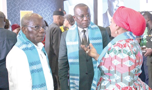 Dominic Nitiwul (middle), Minister of Defence, in a tête-à-tête with  Ambassador Josephine Nkrumah (right), ECOWAS Representative to Liberia, and Ambassador Dr Abdel-Fatau Musah (left), Commissioner, Political Affairs, Peace and Security, at the ECOWAS Commission