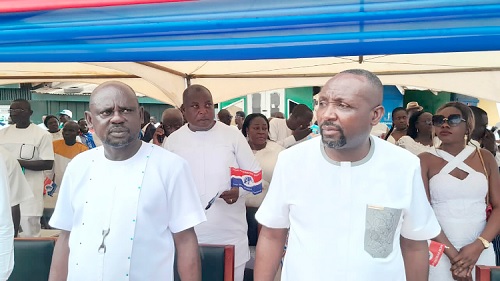 John Boadu (right), former General Secretary, NPP, and Kwame Appiah Kodua (left), NPP parliamentary aspirant for Fanteakwa North, at the thanksgiving service at Begoro