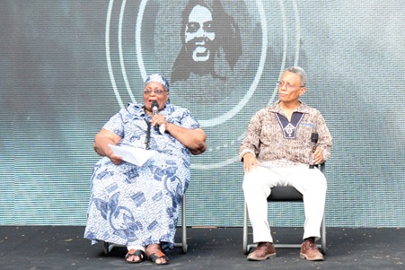 Prof. Esi Sutherland (left), daughter of Efua Sutherland, speaking at the event. With her is the brother, Rlph Sutherland. Picture: ERNEST KODZI
