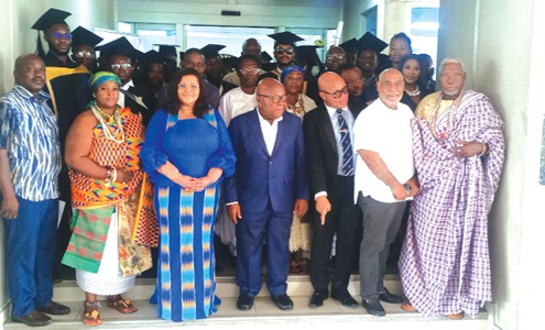 Prof. Mike Oquaye (middle), Ambassador Johanna Svanikier (3rd from left), Rev. Johnnie Oquaye (3rd from right), Togbi Goba Tenge (right) and other dignitaries with the graduates