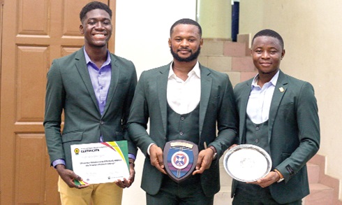 Winners of the debate in commemoration of Ghana’s 67th independence anniversary. They are Kassim Fusheini Maltiti (left), Mahadi Awedaga Ayiwoli (middle) and Dewilaa Luther Fembeti from the University for Development Studies, Tamale. Picture: CALEB VANDERPUYE