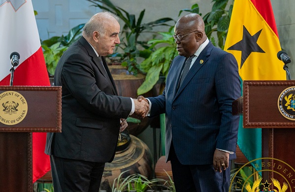 President Akufo-Addo (right) in a handshaker with George William Vella (left), President of Malta.