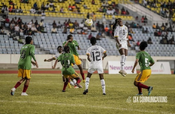 Black Princesses forward, Mukarama Abdulai jumps to head the ball during last Saturday's clash against Ethiopia