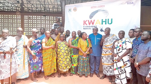 Ekow Sampson (5th from right), Deputy Chief Executive Officer of the GTA; Nana Simpeh Owiredu III (4th from right), Krontihene of the Kwahu Traditional Area, together with other chiefs and officials of the authority at the launch