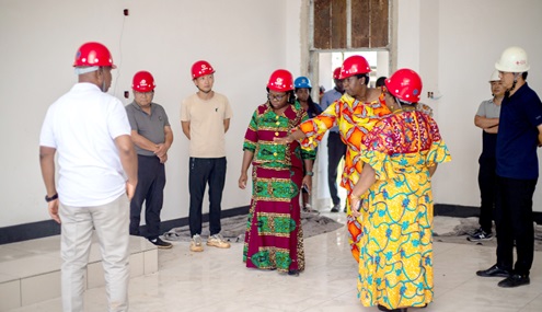 Mrs Ayittey (arrowed) touring some facilities of UHAS, with Professor Lydia Aziato (middle) Vice Chancellor UHAS, and others