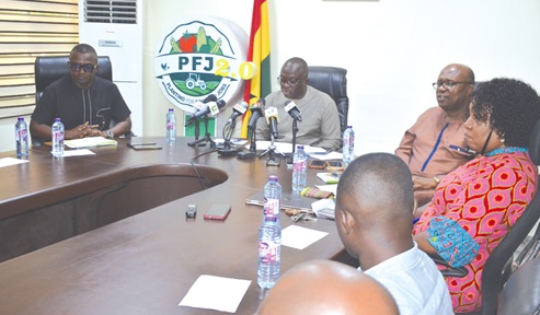 Dr Bryan Acheampong (2nd from left), Minister of Food and Agriculture, addressing journalists. With him are Paul Seameh (3rd from right), acting Chief Director of the ministry; Josephine Quagraine ((2nd from right), Director PPME, and Dr Isaac Adupong (left), Coordinator of the PFJ2.0 and Technical Director to the ministry, and other directors