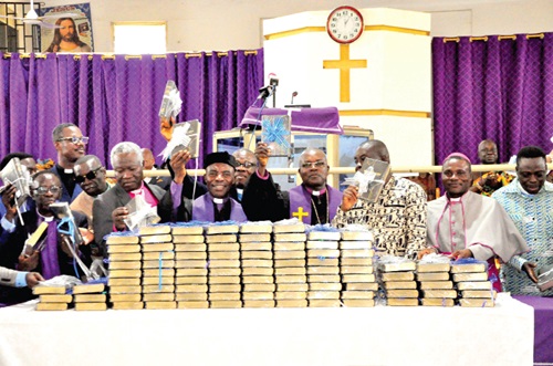 Rev. Dr Agbeko (4th from right), Moderator of the General Assembly of the EPCG, and other clergymen launching the diglot