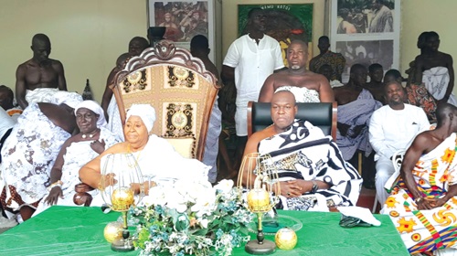 Nana Afrakoma II (seated left), Queenmother of the Akwamu Traditional Area, and Odeneho Akwafo Akoto III, Omanhene of the area, at the launch of the 60th anniversary of her enstoolment