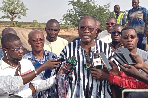 Dr Clifford Braimah, MD of GWCL, speaking to the media after the tour. INSET: River Dakar, the main source of water for Yendi fast drying up