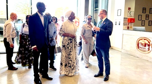 Francis Higgins (right) welcoming Samira Bawumia (3rd from right) to Baladna. With them are Osafohene Dr Afua Asabea Asare (2nd from left) and Mohammed Nurudeen Ismaila (3rd from left), Ghana's Ambassador to Qatar