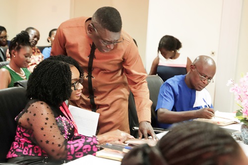 Dr Shirley Owusu-Ofori (left), Chief Executive Officer of the National Blood Service in a discussion with Dr Adam Hafez Taher (2nd from left), Director for External Health, Cooperation, Ministry of Health, during the review meeting. With them is Robert Vasco Sarpong (right), Board Chair of the National Blood Service. Picture: EDNA SALVO-KOTEY