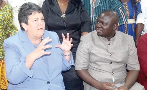 Virginia Palmer (left), US Ambassador to Ghana, interacting with Albert Kwabena Dwumfour, GJA President, during the event. Picture: ESTHER ADJORKOR ADJEI