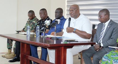 Henry Quartey (2nd from right), Minister for the Interior, addressing the meeting. With him is Titus Glover (middle), Greater Accra Regional Minister designate, Maxwell Adu-Nsafoa (right), Technical Director of Lands, Ministry of Lands and natural Resources and Head of Operations, Lands Commission. Picture: ERNEST KODZI
