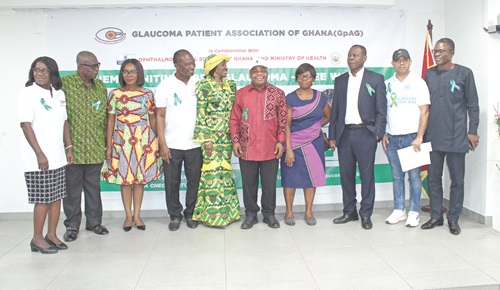 Nana Konadu Agyeman-Rawlings (5th from left), former First Lady; Dr Mavis Sakyi (3rd from left), Ag. Head of Public and Health Promotion, Ministry of Health; Dr Patrick Kuma-Aboagye (3rd from right), Director-General, Ghana Health Service; Dr Charles Mensah Cofie (5th from right), Chairman, Glaucoma Working Group, and Harrison Kofi Abutiate (4th from left), President of Glaucoma Patients Association of Ghana, with other dignitaries. Picture: ERNEST KODZI