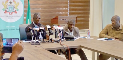 Samuel Tettey (left), EC Deputy Chairperson in charge of Operations, addressing the news conference. With him are Dr Bossman Asare (middle), EC Deputy Chairperson in charge of Corporate Services, and Dr Serebour Quaicoe, Director, Electoral Services