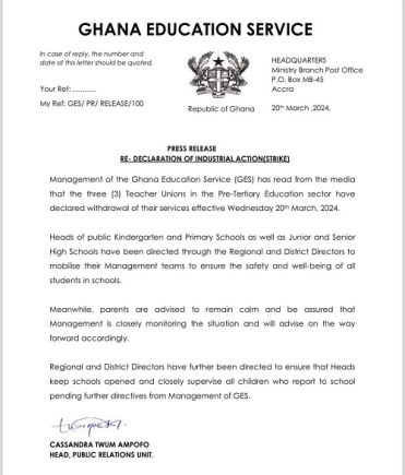 Statement by the Ghana Education Service