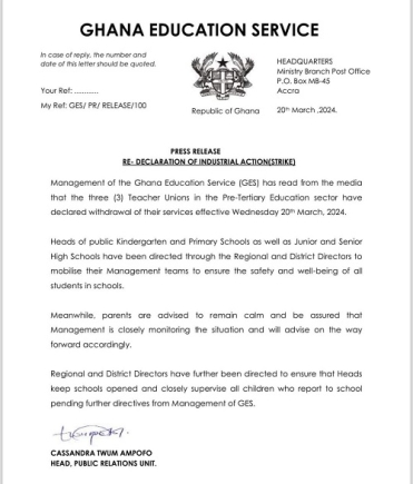 Statement by the Ghana Education Service Statement by the Ghana Education Service