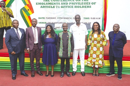 Dr Janet Ampadu-Fofie (2nd from right), Chairperson of the Presidential Committee on Emoluments, Nana Agyekum Dwamena (3rd from right), former Head of Civil Service, and Prof. George Gyan-Baffour (middle), Chairman of the National Development Planning Commission, with stakeholders and colleagues after seeking views, expectations and advice from relevant institutions and beneficiaries about emoluments and privileges of  Article 71 office holders. Picture: CALEB VANDERPUYE