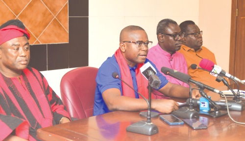 Rev Isaac Owusu (2nd from left), President of GNAT, addressing the press conference in Accra. With him are Thomas Musah (left), General Secretary of GNAT, King Ali Awudu (3rd from left), President of CCT-GH, and Eric Agbe-Carbonu (right)), President, NAGRAT 