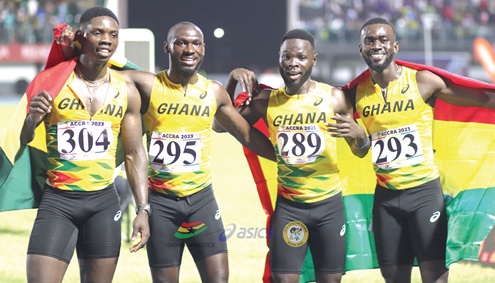 Ghana’s male quartet celebrating their silver medal feat in the men’s 4x100m final