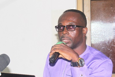 Sylvester Darko, Director of Hydrology at the Ghana Hydrological  Authority, addressing participants in a seminar on the use of  satellite-based information to support farming in floodplains in Accra.  Picture: ESTHER ADJORKOR ADJEI