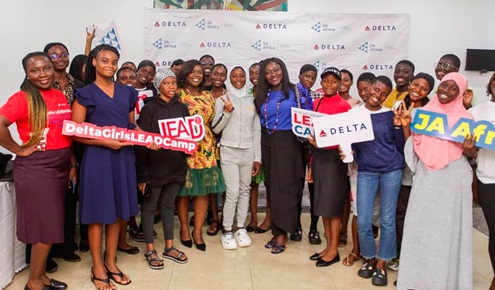  Naana Winful Fynn (arrowed), Regional Director of West Africa at Norfund, with students at the Delta Air Lines Girls’ LEAD Camp which marked International Women’s Day 2024. Picture: CALEB VANDERPUYE